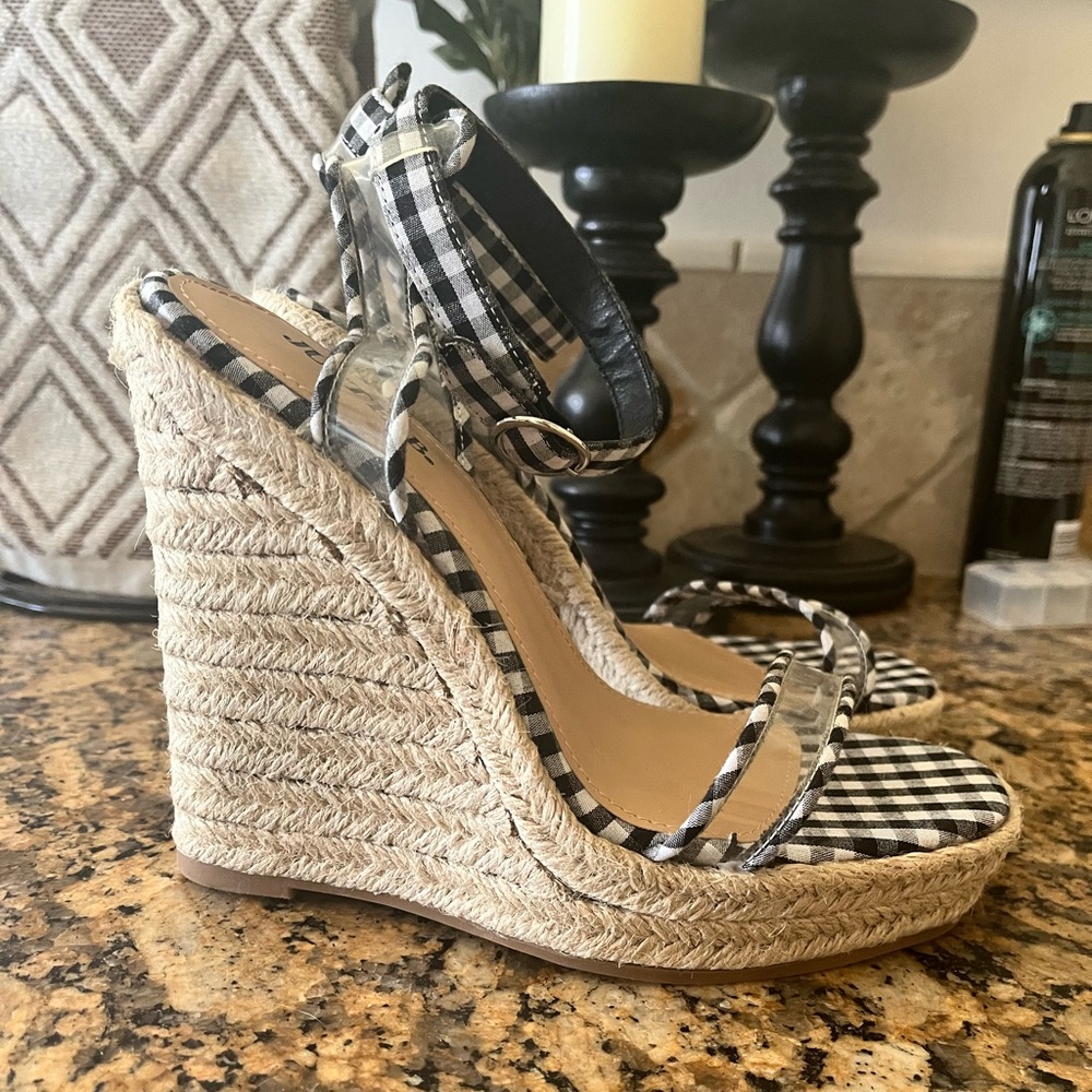 Just Fab black and white checkered wedge with woven heel